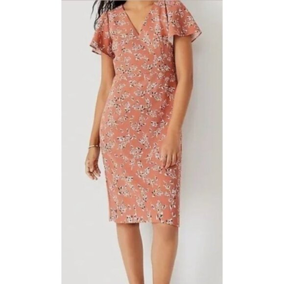 Ann Taylor Floral Flutter Sleeve Career Midi Dress Rouge White Black Size 10 EUC - Picture 1 of 11